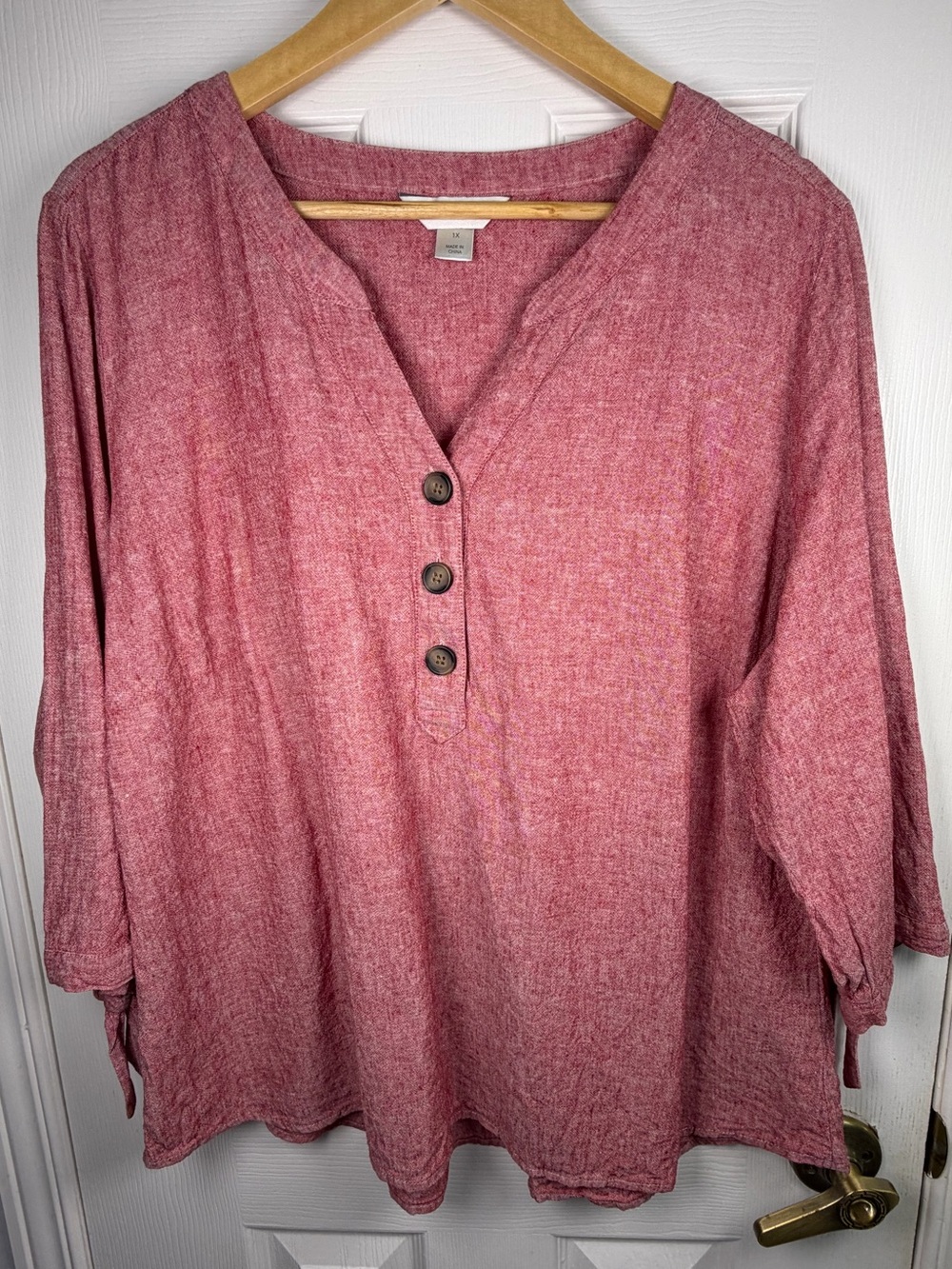CJ Banks Rose Linen Blend Tunic 1X V-Neck Button Front 3/4 Sleeve Boho Casual